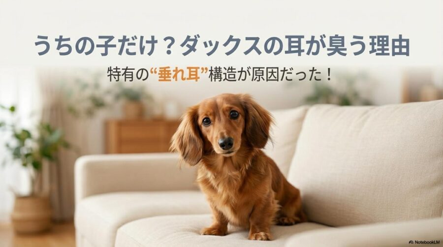 室内で困り顔をしているミニチュアダックスフンド。この記事のテーマである「ダックスの耳が臭い」原因が、特有の耳の構造にあることを伝えるための一枚。