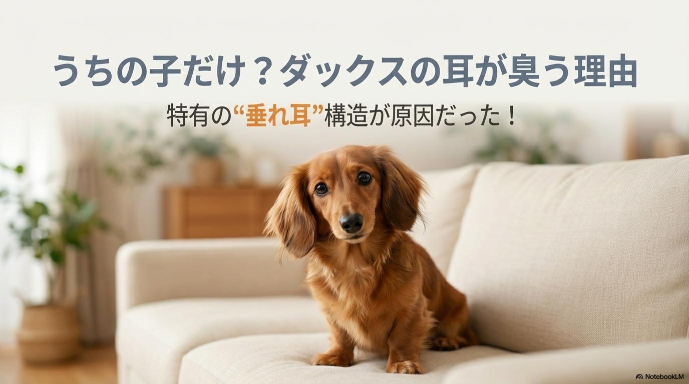 室内で困り顔をしているミニチュアダックスフンド。この記事のテーマである「ダックスの耳が臭い」原因が、特有の耳の構造にあることを伝えるための一枚。