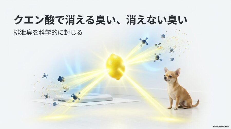 清潔なフローリングで、レモンの光（クエン酸）がトイレの臭い分子を浄化する3Dイメージ。この記事のテーマである「犬 消臭 クエン酸」の使い分けを象徴する一枚。