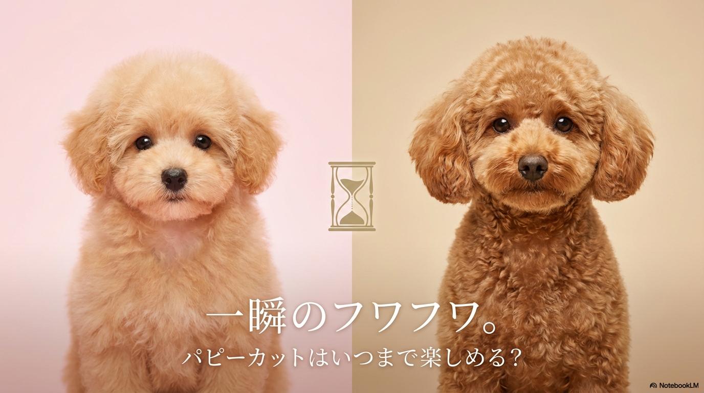 トイプードルの子犬期の柔らかい毛並みと、成長後の巻き毛の比較画像。この記事のテーマである「トイプードルのパピーカット」の期間と、成長に伴う変化を象徴する一枚。