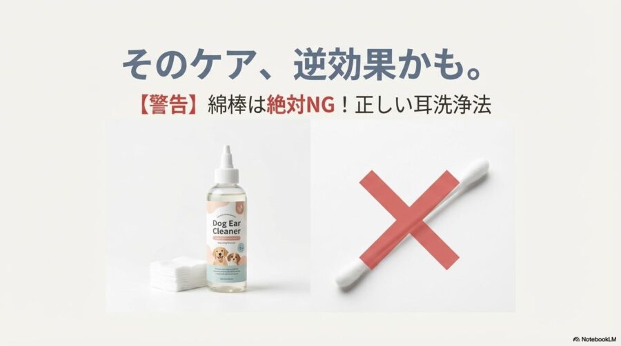 イヤークリーナーとコットンが置かれた清潔なケアセット。この記事のテーマである「ダックスの耳が臭い」悩みに対し、綿棒がNGであることを警告し、正しい洗浄方法を提案する一枚。