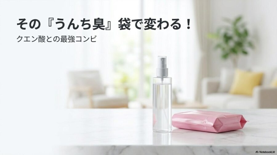 クエン酸スプレーと高機能防臭袋が並んだフォトリアルな一枚。この記事のテーマである「犬 消臭 クエン酸」と防臭袋の併用による解決を象徴する一枚。