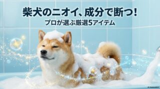 酵素シャンプーで気持ちよさそうに洗われる柴犬の画像。この記事のテーマである「柴犬 皮膚病 臭い」対策シャンプーのおすすめランキングを象徴する一枚。