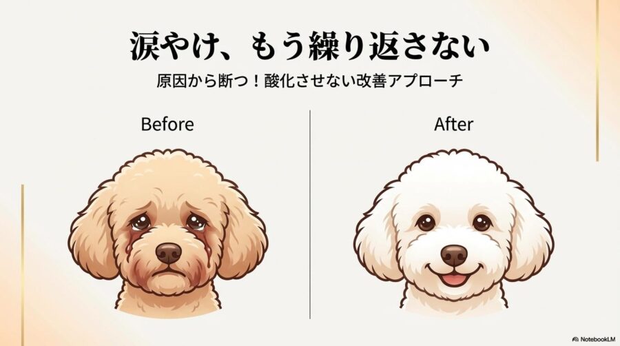 トイプードルの涙やけがある状態ときれいな状態を左右で対比させたイラスト。この記事のテーマである「涙やけの酸化臭の原因解明と改善」を象徴する一枚。