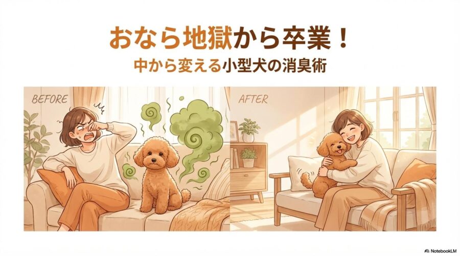 排泄臭の悩みが解消し、トイプードルと幸せに過ごす飼い主のイラスト。この記事のテーマである「犬 消臭 クエン酸」と腸内環境改善の効果を象徴する一枚。