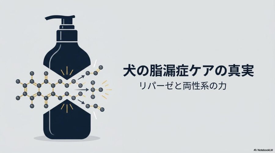 皮脂の分解メカニズムとシャンプーをイメージした専門的なグラフィック。この記事のテーマである「犬 脂漏症 臭い」対策としての成分解析を象徴する一枚。