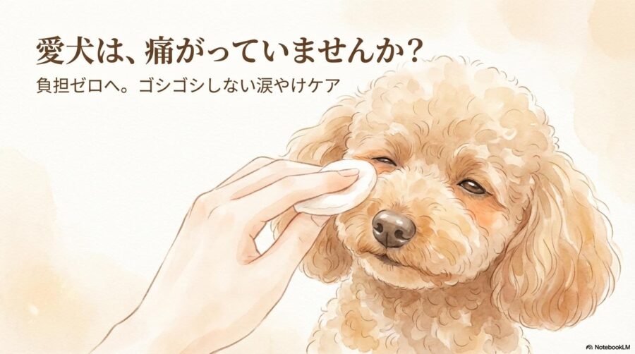 飼い主に優しく顔を拭いてもらい、安心しているトイプードルのイラスト。この記事のテーマである「愛犬に負担をかけない正しい涙やけケア」を象徴する一枚。