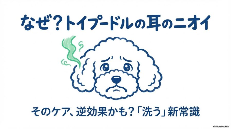 トイプードルの耳のニオイの原因と、従来のケアを見直す「洗う」新常識を提案する導入スライド。耳の臭いに悩む犬のイラスト。