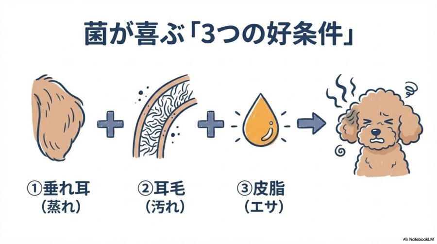 菌が喜ぶ「3つの好条件」。垂れ耳による蒸れ、耳毛に溜まる汚れ、エサとなる皮脂が揃うことで、ニオイが発生する仕組みを解説。