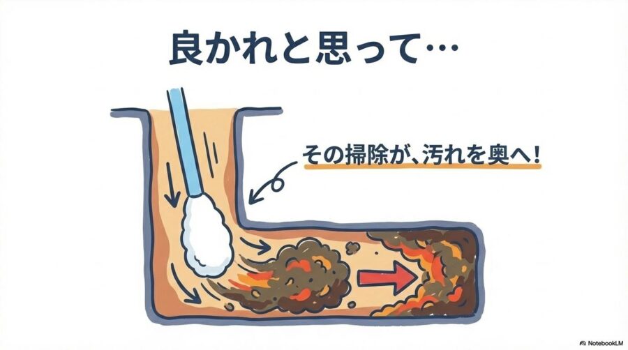 良かれと思った綿棒掃除が、実は耳の奥へ汚れを押し込んでしまっているリスクを警告する、耳道の断面イラスト。