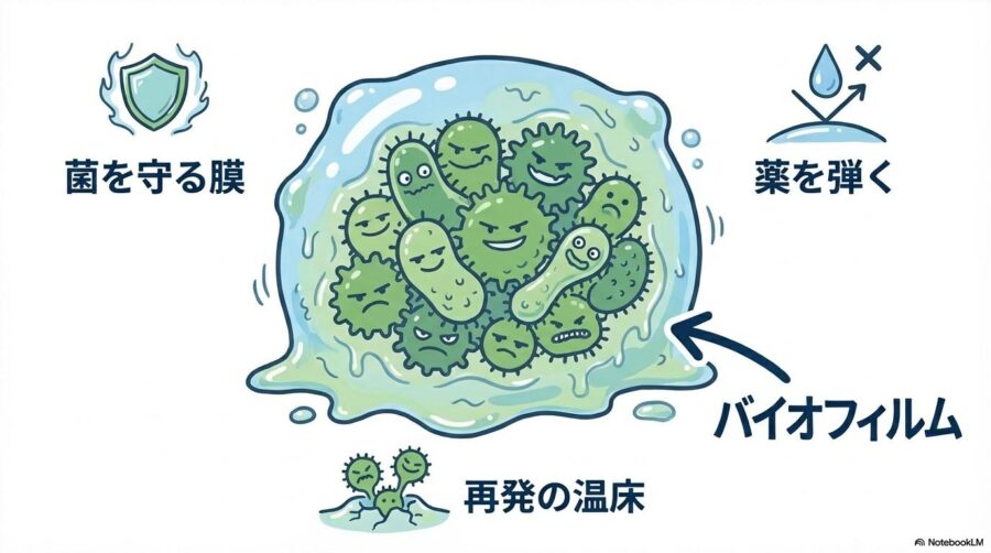 「バイオフィルム」の解説。菌を守る膜が薬を弾き、再発の温床となる仕組みを図解。根本的な洗浄の必要性を示唆。