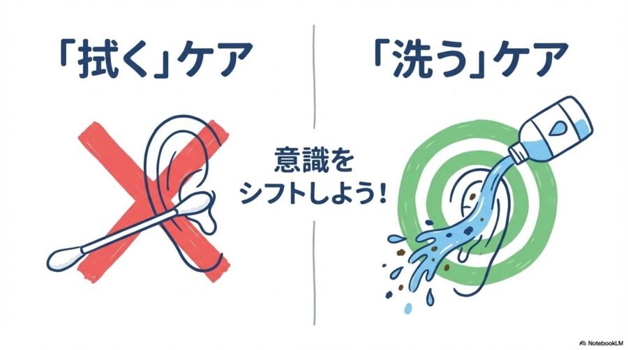 ケアの意識改革。綿棒で「拭く」ケア（NG）から、洗浄液で「洗う」ケア（正解）へシフトしようと呼びかける比較図。