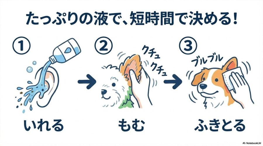 正しい洗浄の3ステップ。1.洗浄液を入れる、2.耳の付け根をクチュクチュと揉む、3.出てきた汚れを拭き取るという手順の図解。