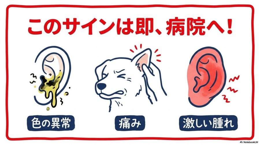 病院へ行くべき3つの危険サイン。耳垢の色が異常、触ると痛がる、激しく腫れている場合は即受診が必要であることを強調。