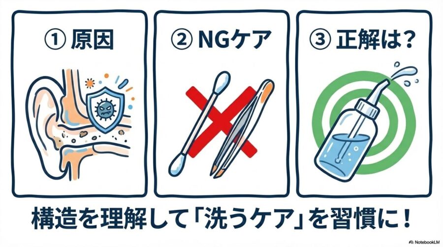 全体のまとめ。耳の構造を理解し、NGケアを避け、正しい「洗うケア」を習慣にすることで愛犬の健康を守ろうという結び。