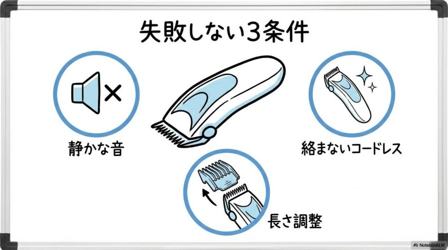 初心者向けバリカンの選び方の図解。必須となる3つの機能をセンター配置で整理した画像。