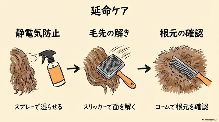 トイプードルのトリミング頻度を延ばすための自宅ケア3ステップ。静電気防止、スリッカー、コーム確認の正しい手順を表現した画像。
