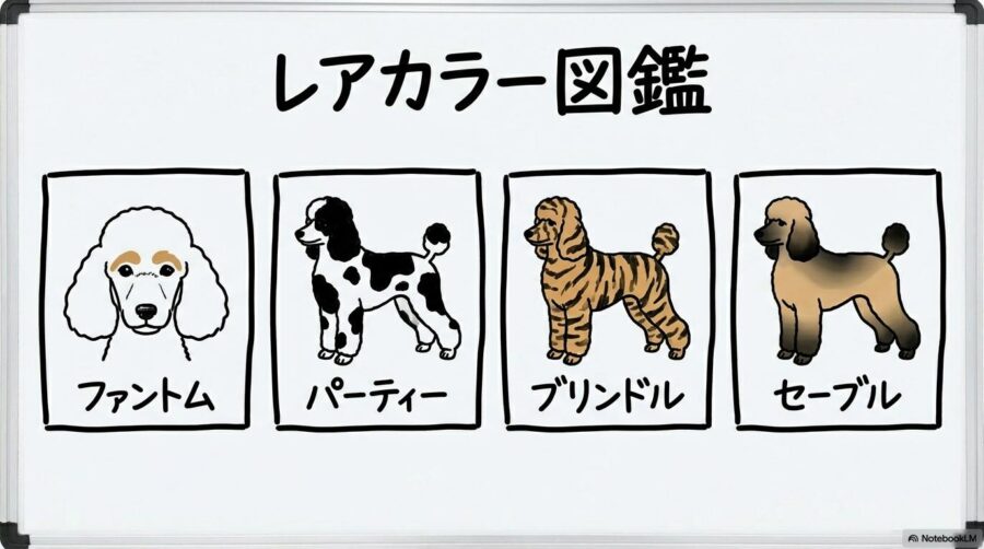 トイプードルのレアカラーの種類一覧図解。ファントム、パーティー、ブリンドル、セーブルの特徴をカード型で紹介した画像。