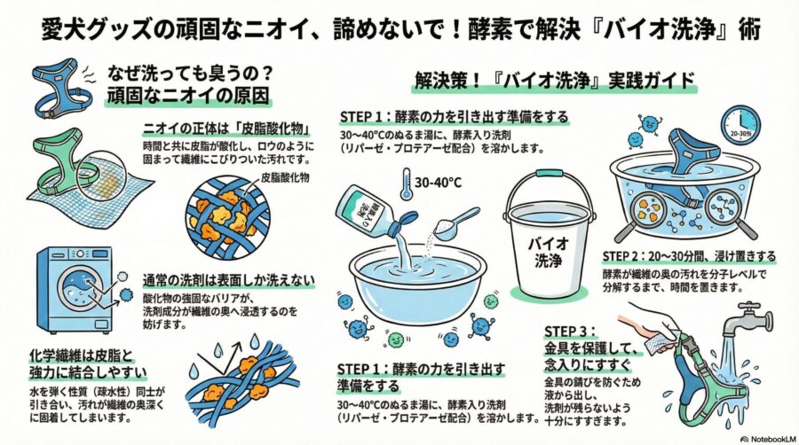 図解『犬のハーネスや服の臭い取り｜酵素で分解！おもちゃも蘇るバイオ洗浄術』