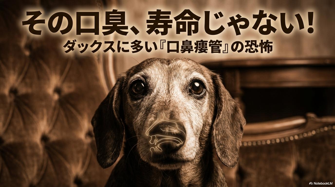 悲しそうな表情の老ダックスフンドと口鼻瘻管をイメージした図解。この記事のテーマである「ダックス 老犬 臭い」の真実を象徴する一枚。