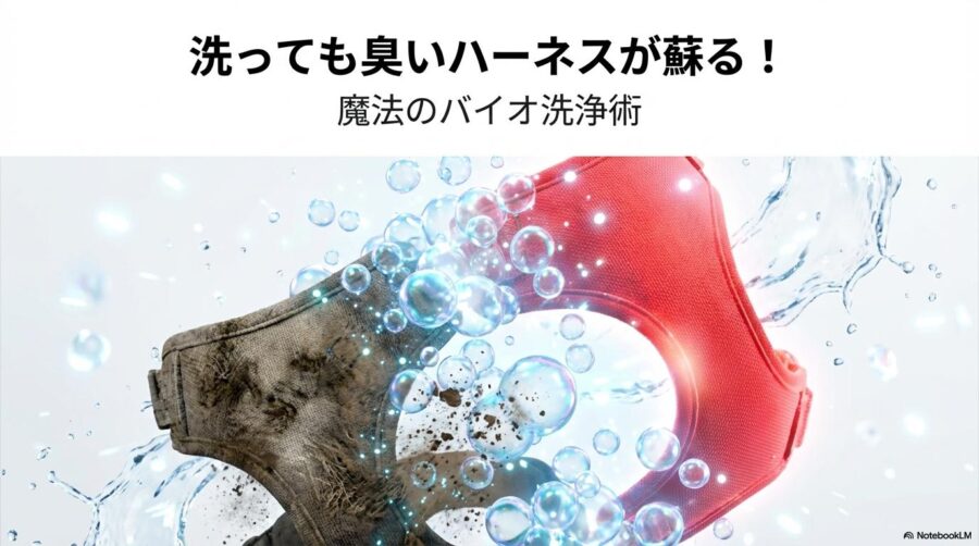 汚れたハーネスが酵素の力で新品のように蘇る3Dイメージ。この記事のテーマである「犬 ハーネス 臭い」をバイオ洗浄で解決することを象徴する一枚。