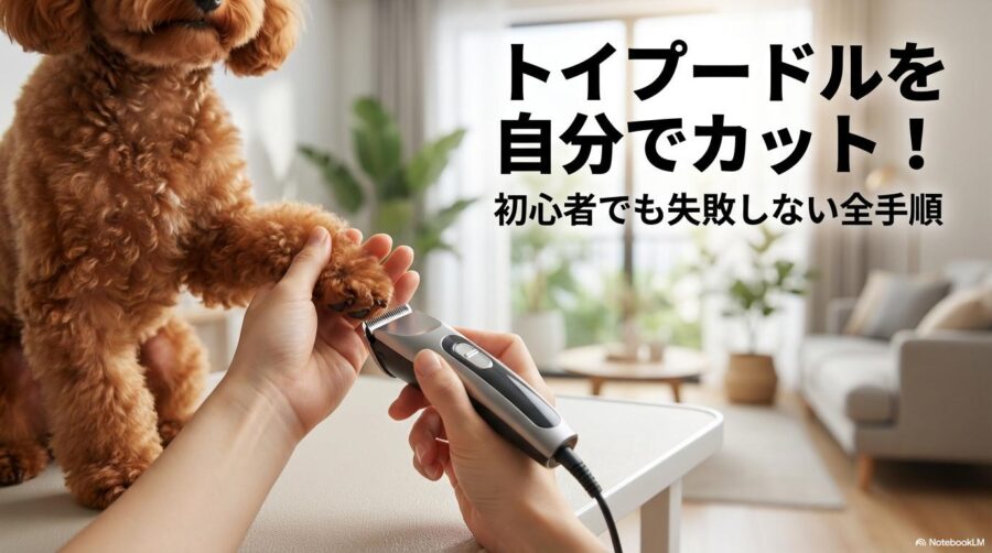 明るいリビングで飼い主がトイプードルの足裏をバリカンで優しくケアしている様子。この記事のテーマである「トイ プードル 自分 で カット」の安全な実践を象徴する一枚。