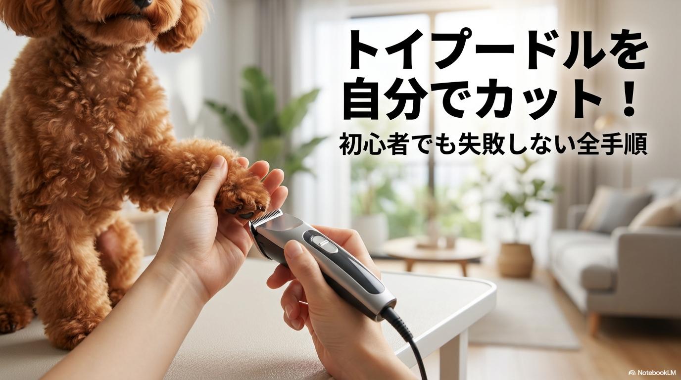 明るいリビングで飼い主がトイプードルの足裏をバリカンで優しくケアしている様子。この記事のテーマである「トイ プードル 自分 で カット」の安全な実践を象徴する一枚。