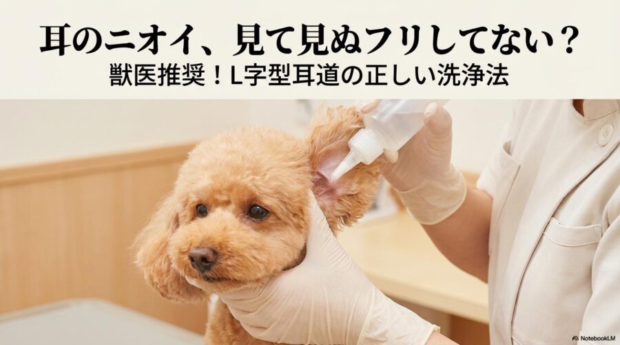明るい室内でトイプードルの耳を優しくケアする様子。この記事のテーマである「トイプードル 耳 臭い」への対処法として、L字型耳道の正しい洗浄ケアを象徴する一枚。