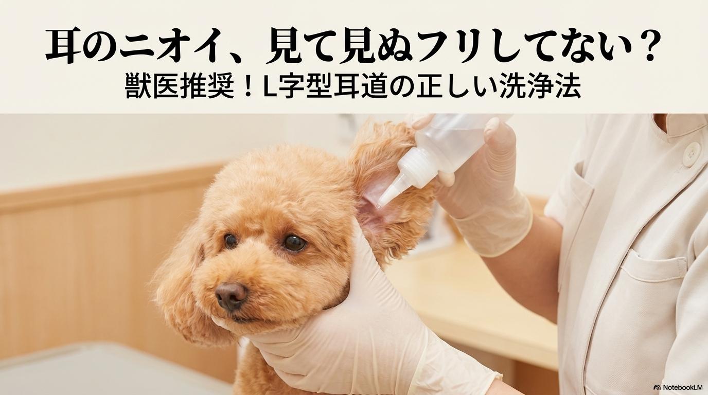 明るい室内でトイプードルの耳を優しくケアする様子。この記事のテーマである「トイプードル 耳 臭い」への対処法として、L字型耳道の正しい洗浄ケアを象徴する一枚。