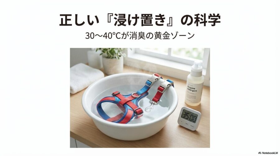 ぬるま湯でハーネスを浸け置き洗いするフォトリアルな一枚。この記事のテーマである「犬 ハーネス 臭い」を落とす正しい浸け置き手順を象徴する一枚。