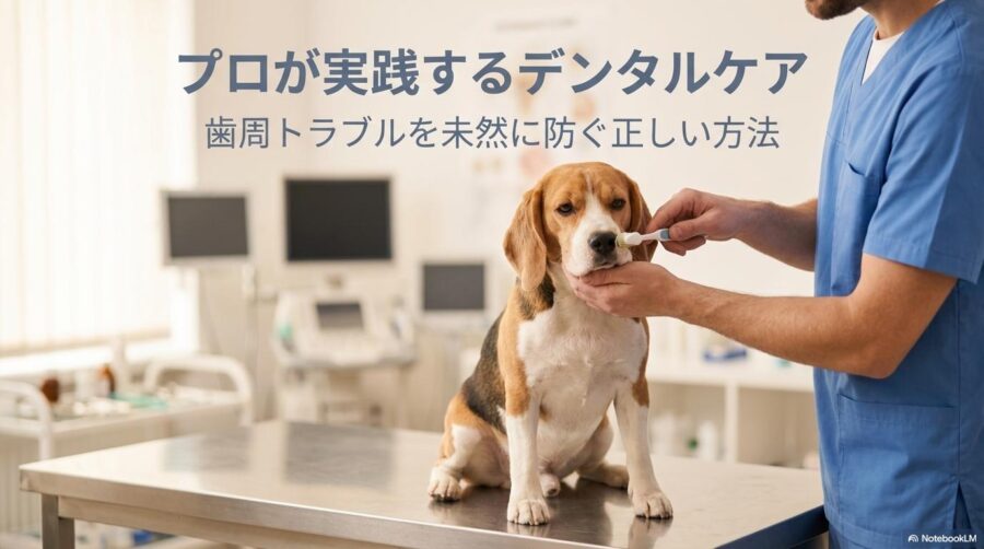 獣医師と歯磨きされる犬の清潔感ある画像。この記事のテーマである「犬の口が臭い」悩みを解決する、正しいデンタルケアと歯周トラブル予防を象徴する一枚。