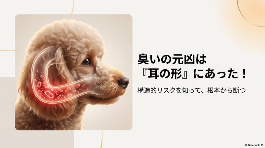 耳の構造に悩むトイプードルとL字型耳道のイメージ図。この記事のテーマである「トイプードル 耳 臭い」の原因となる構造的リスクを分かりやすく伝えるための一枚。