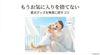 綺麗に洗われた服を着た犬と喜ぶ飼い主のイラスト。この記事のテーマである「犬 ハーネス 臭い」を克服して得られる清潔な毎日を象徴する一枚。