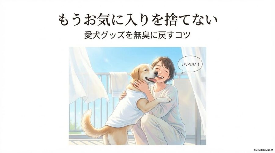 綺麗に洗われた服を着た犬と喜ぶ飼い主のイラスト。この記事のテーマである「犬 ハーネス 臭い」を克服して得られる清潔な毎日を象徴する一枚。