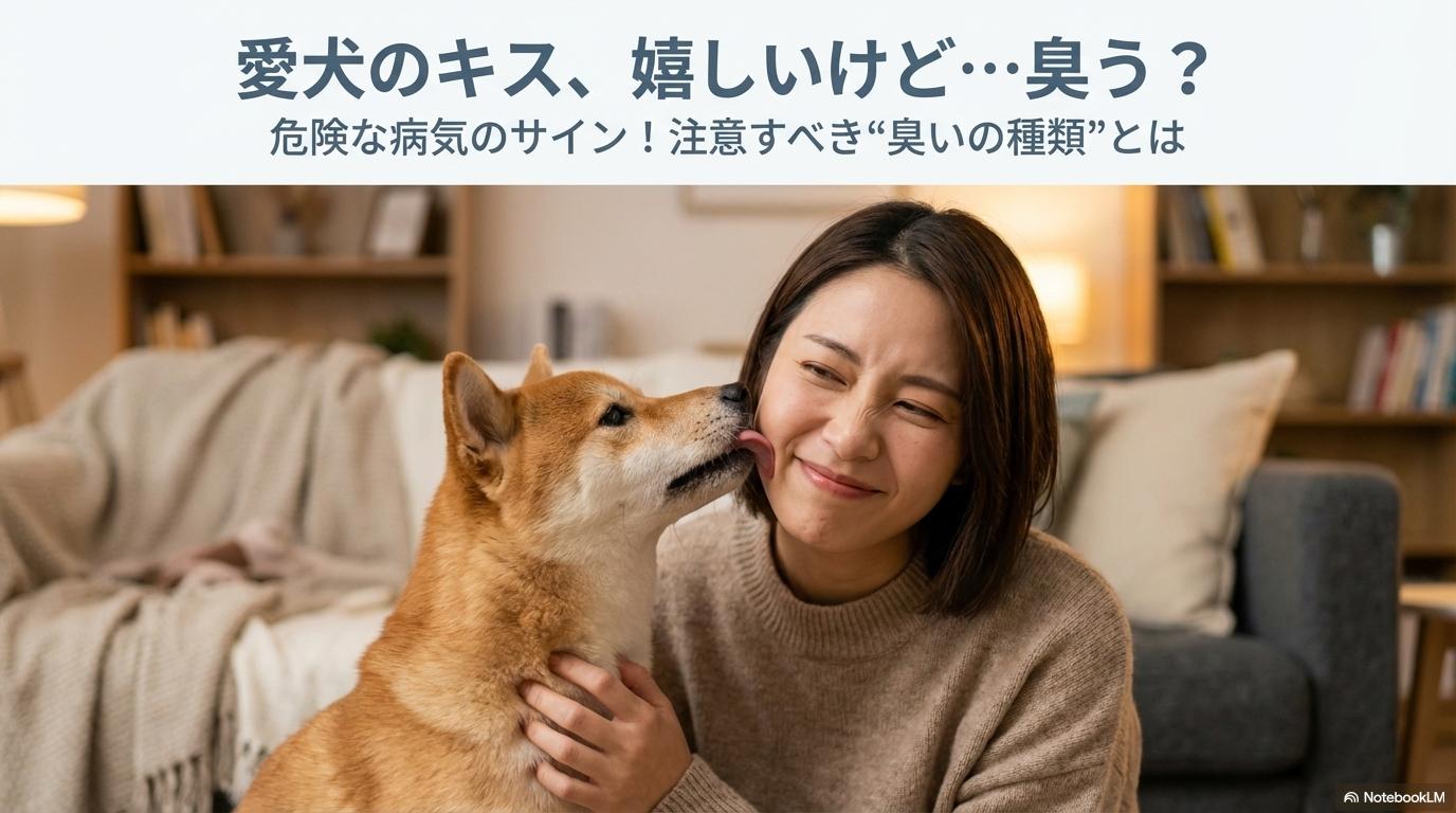 飼い主の顔を舐めようとする犬と、臭いを気にする飼い主の日常的なシーン。この記事のテーマである「犬の口が臭い」という悩みに共感し、その臭いの種類に注意を促す一枚。