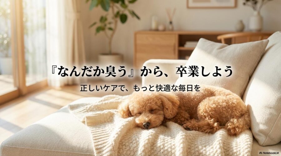 リラックスした表情のトイプードル。この記事のテーマである「トイプードル 耳 臭い」を解消し、愛犬との快適な生活をイメージさせる一枚。