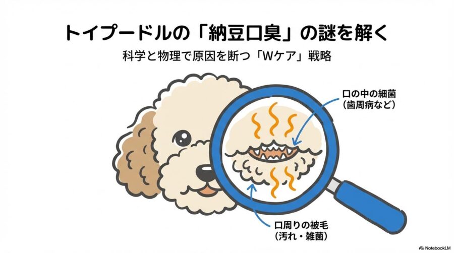 口臭の発生源の図解。内部要因（歯周病菌）と外部要因（毛の汚れ）の両面から臭いが発生している関係性を、VS図で表現した画像。