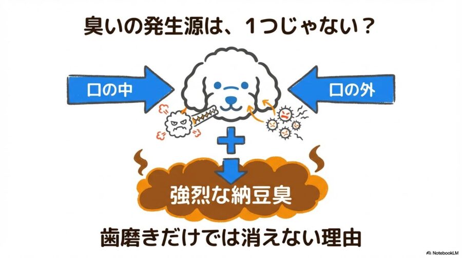VSC発生の仕組みの図解。タンパク質が細菌によって分解されガスに変わるプロセスを、数式図で表現した画像。