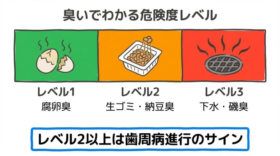 口臭の種類とトラブルレベルの図解。臭いの変化と病状の進行度を、カード型で表現した画像。