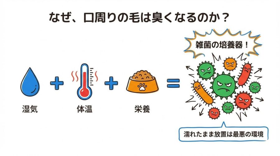 正しいお口拭きの手順の図解。吸い取りから乾燥までの流れを、3ステップ図で表現した画像。
