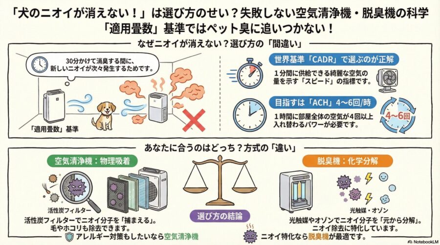 図解『SEOタイトル: 犬臭い部屋の対策に空気清浄機は効く?脱臭機との違いと選び方』