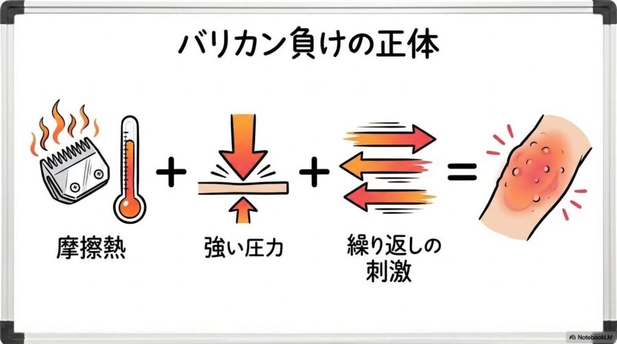 クリッパーバーン（バリカン負け）の原因図解。熱や圧力などの要因が重なって炎症が起きる仕組みを数式図で表現した画像。