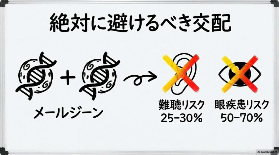ダブルマール（マール同士の交配）の危険性図解。難聴や眼の疾患リスクが高まる仕組みを数式図で表現した画像