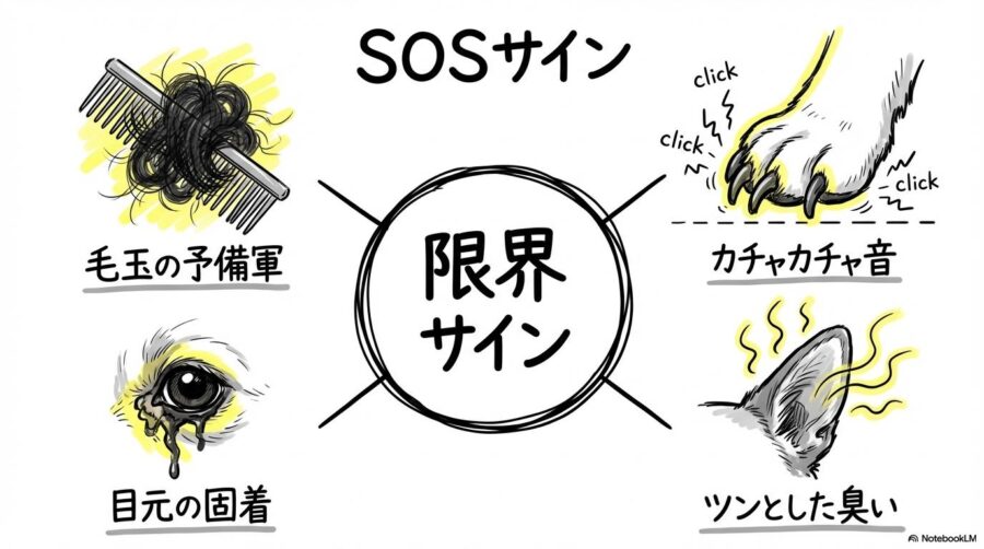 トイプードルのトリミング頻度の限界を示すSOSサイン。爪の音、臭い、目の汚れなどのチェックポイントをセンター配置で表現した画像。