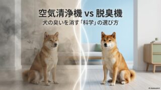 淀んだ空気ときれいな空気が分かれた部屋に座る犬のイラスト。この記事のテーマである「犬 臭い 部屋 空気清浄機」と脱臭機の違いを科学的に解説することを象徴する一枚。