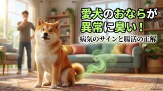 おならをして驚いた柴犬と鼻をつまむ飼い主のイラスト。この記事のテーマである「柴犬 おなら 臭い」の悩みと解決策を象徴する一枚。