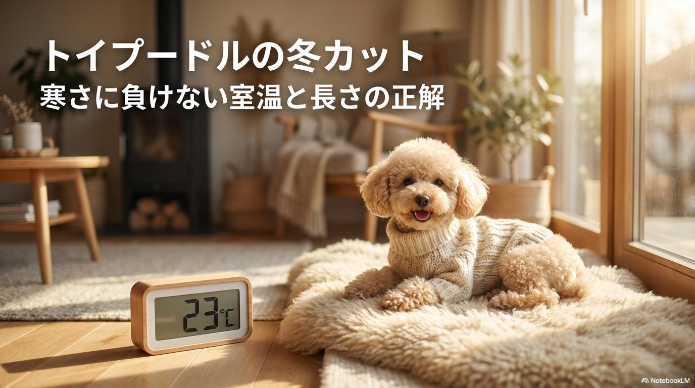 暖かいリビングでニットを着てリラックスするトイプードルと、適温を示す温湿度計。この記事のテーマである「トイ プードル 冬 カット」と室温管理の重要性を象徴する一枚。