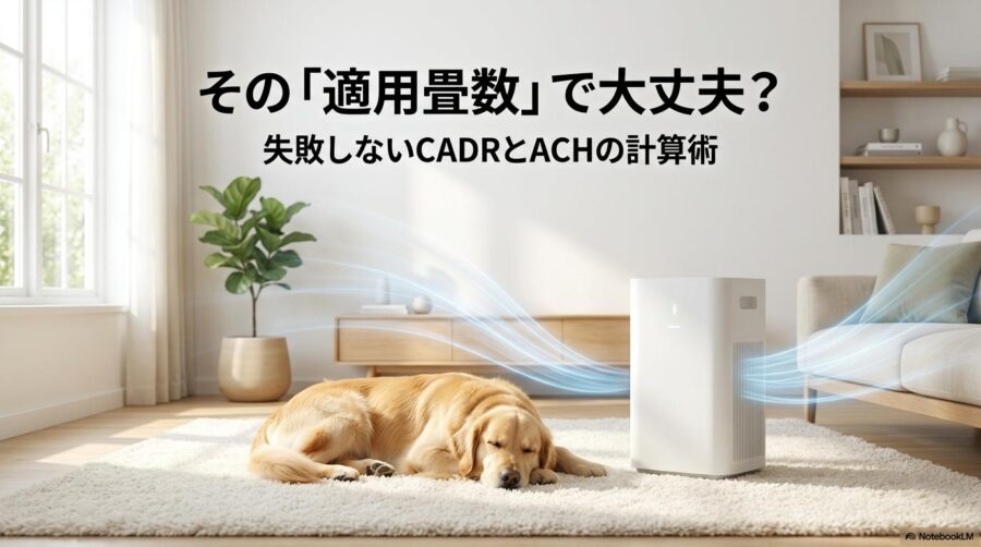 空気清浄機のそばで安らぐ犬と、空気の浄化プロセスを表現した光のライン。この記事のテーマである「部屋が犬臭い 対策」において、スペック選びが重要であることを象徴する一枚。