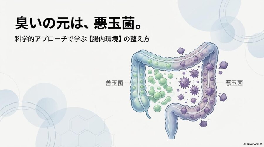 犬の腸内環境をイメージした科学的な図解画像。この記事のテーマである「犬のおならが異常に臭い」原因を腸内フローラの観点から解説することを象徴する一枚。