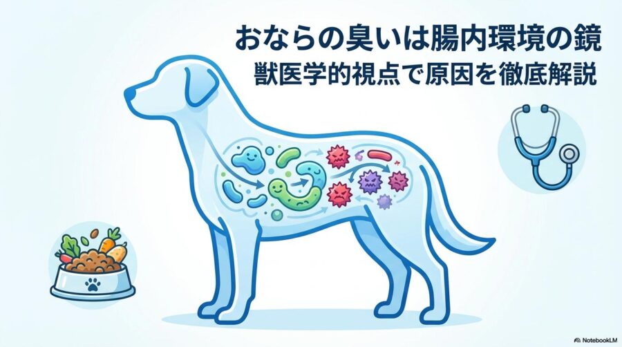 犬の体内環境と菌のバランスを表現した清潔感のある画像。この記事のテーマである「犬 おなら 異常に臭い」原因を科学的に解説することを象徴する一枚。